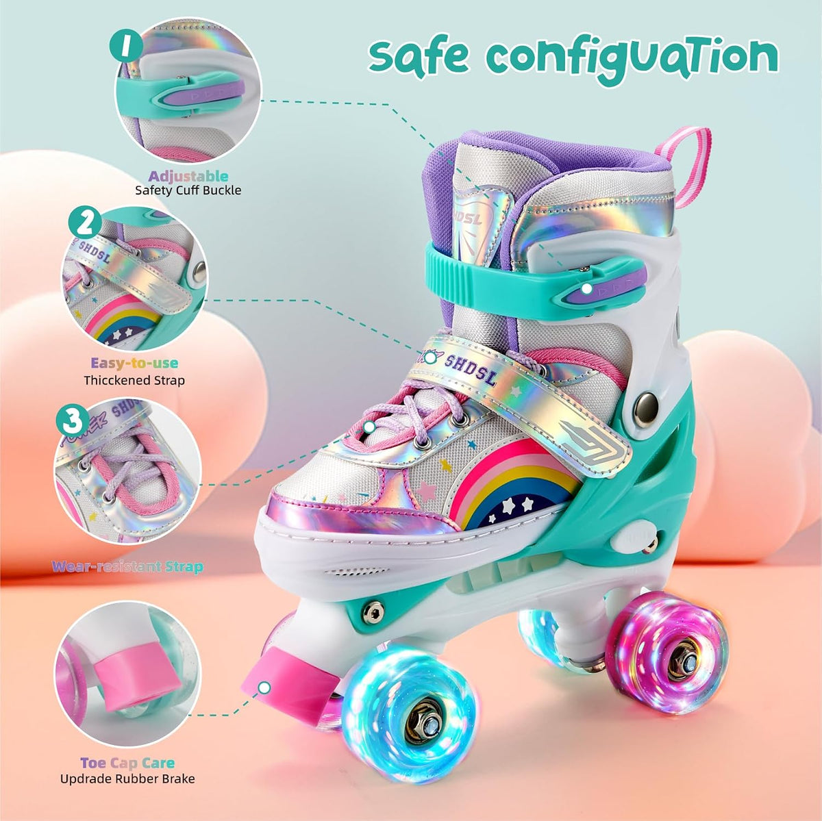 SHDSL pink rainbow light up adjustable roller skates for girls - view 7