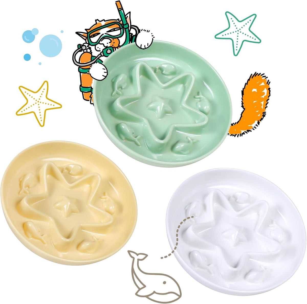 2 Pcs Cat Slow Feeder Bowl - Shell White + Seafoam Green + Buttercream / 6.2''