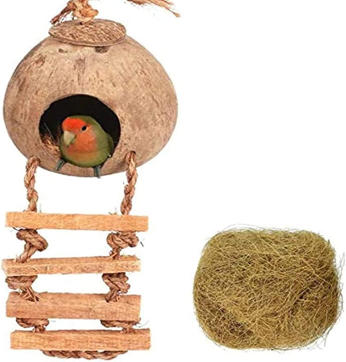 Natural Coconut Hide with Ladder Perches Hanging Bird House Toy - 1pc Coconut Hide with Ladder Bird Cage