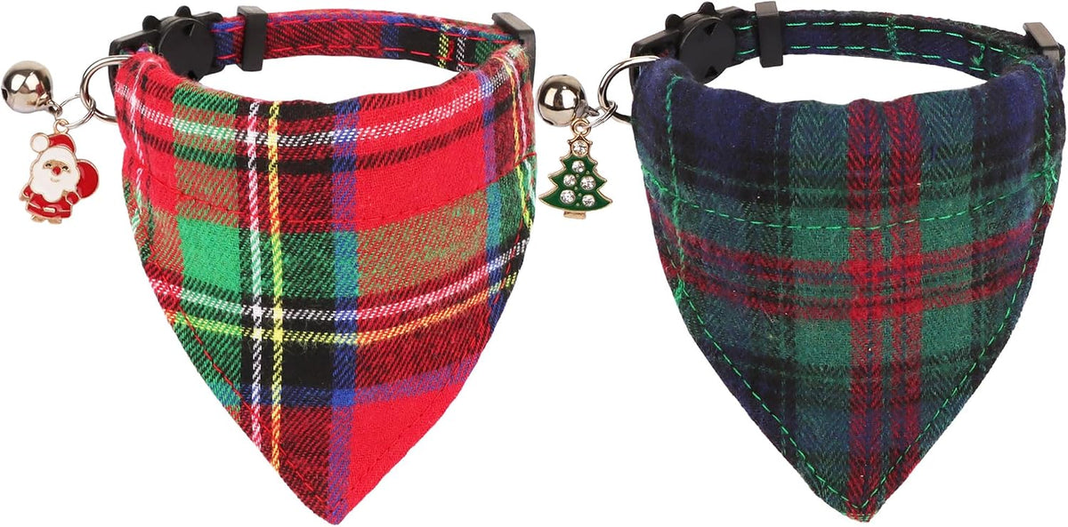 Halloween Cat Collar Breakaway, Pumpkin Cat Bandana Collar - 7.5"- 10.5" / Christmas Plaid