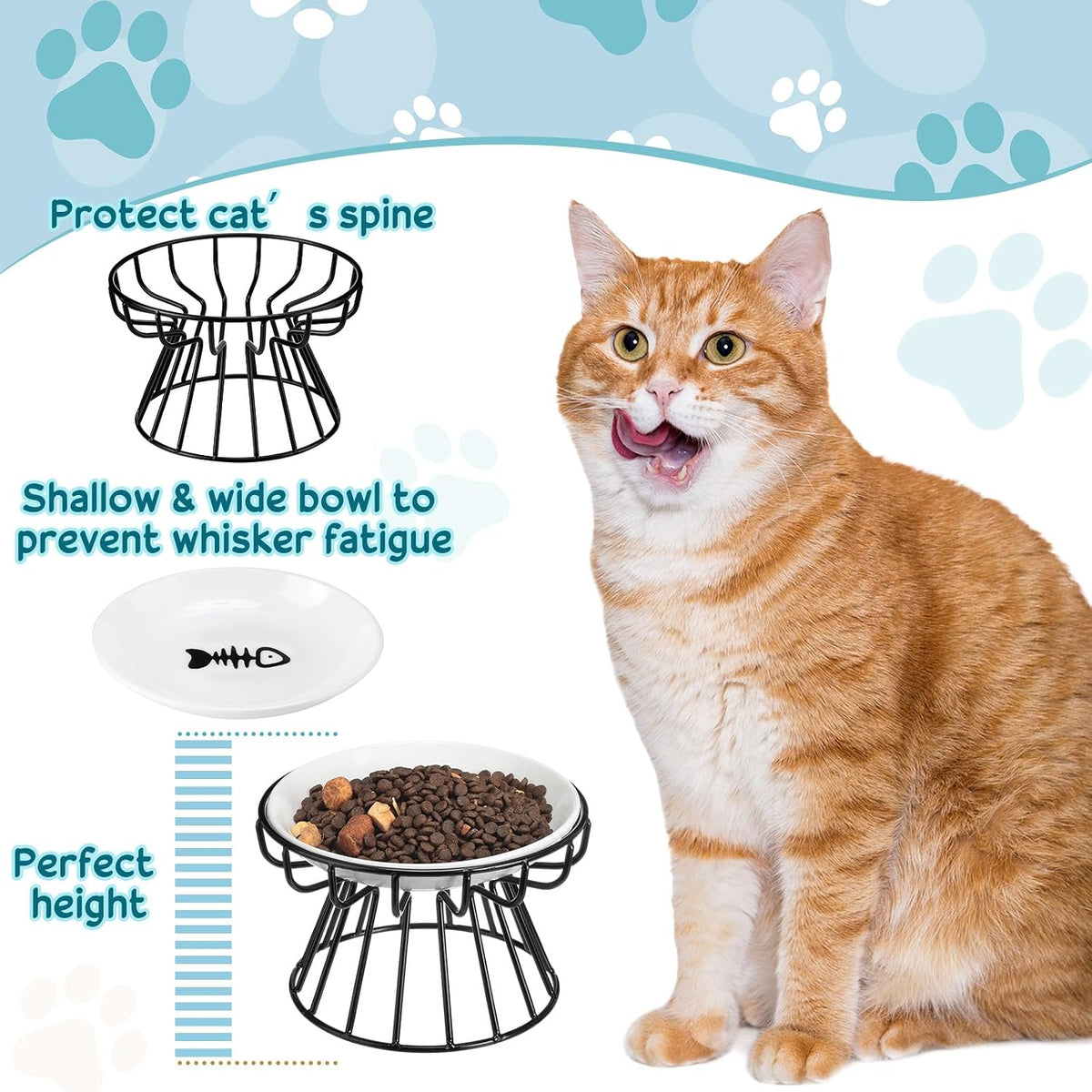 4 Sets Elevated Cat Bowls Ceramic Raised Cat Food Bowls with Metal - Black / Fishbone - image 3