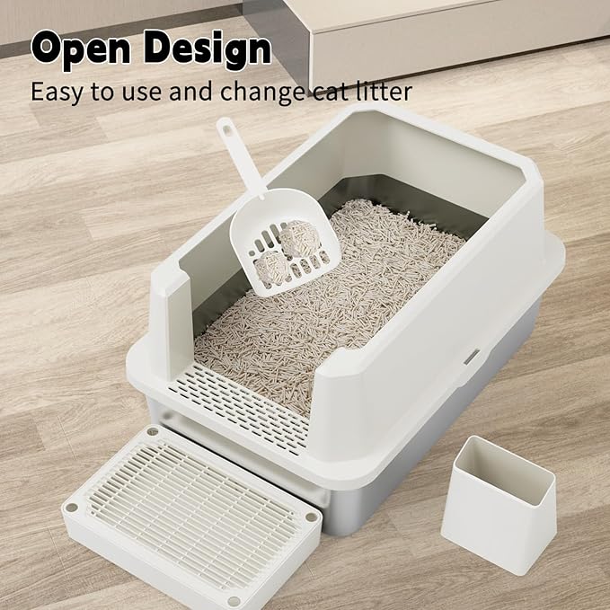 RIZZARI Stainless Steel Cat Litter Box, Semi-Closed Litter Box with High Edges, Large Odorless Litter Pan with for Small to Large Cats (Beige, 1 Pack)
