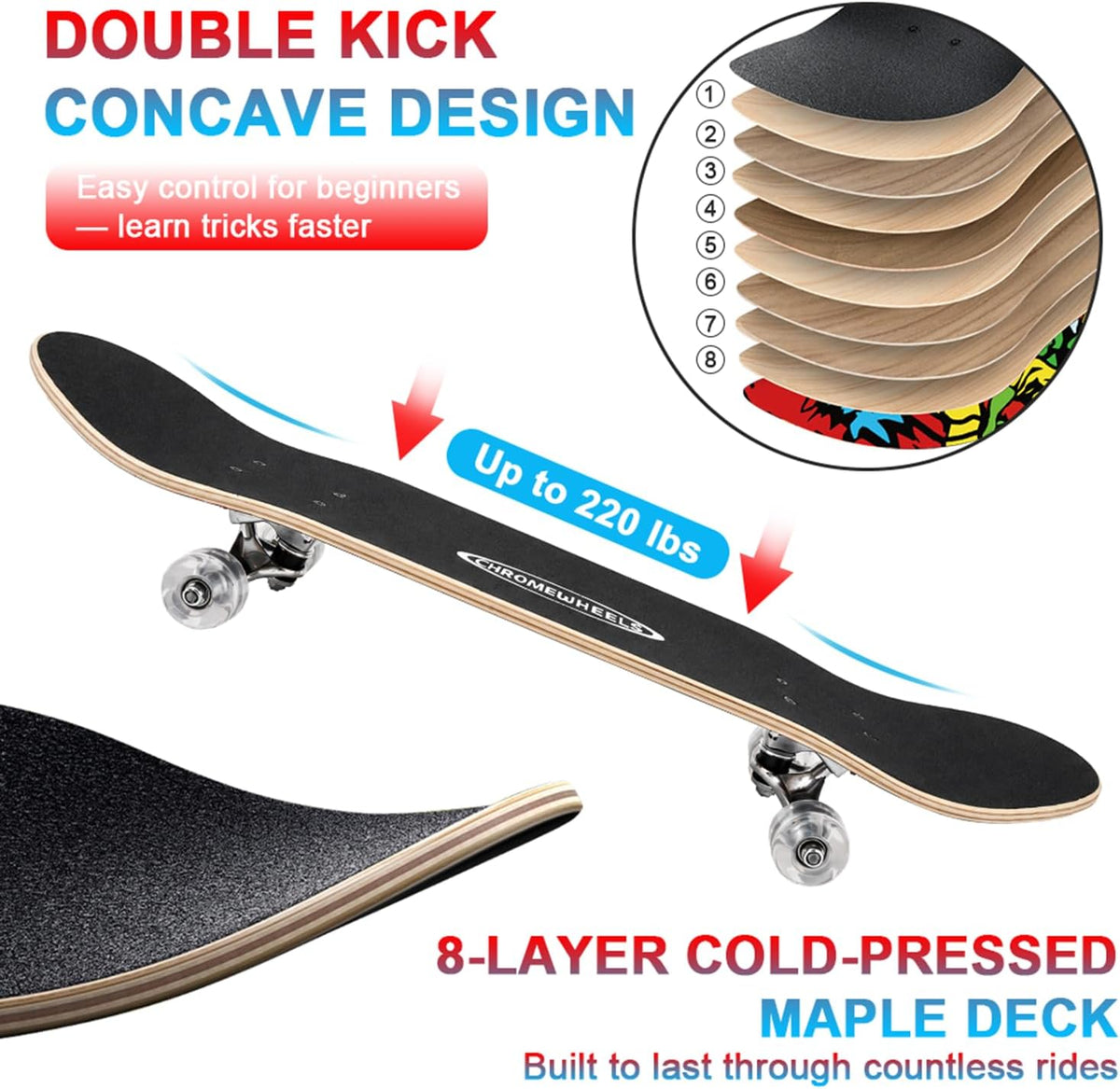 ChromeWheels 31 inch Skateboard Double Kick Skate Board Cruiser - #03 - image 4