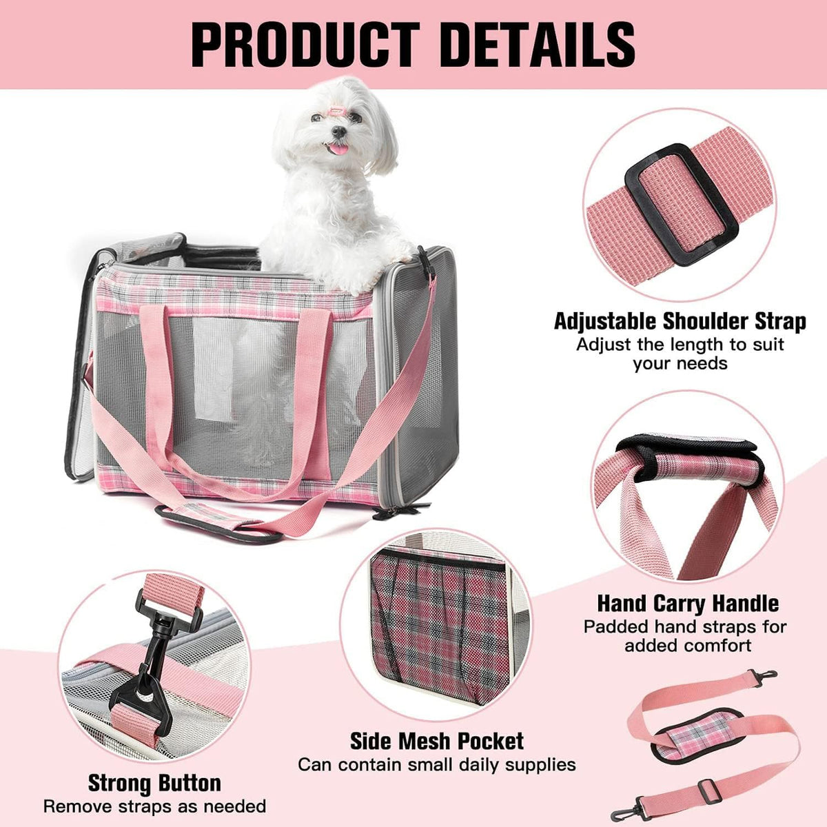 Large Cat Carrier Dog Carriers Soft for Small Medium Cats Puppies Up - Pink - image 4