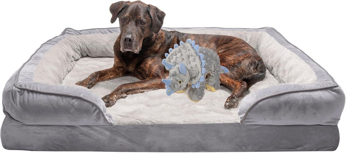 FurHaven Cooling Gel Dog Bed for Large Dogs - Jumbo Plus / Dino Toy + Granite Gray