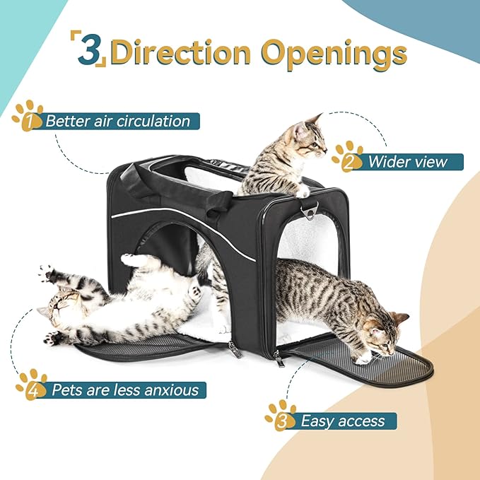 Petsfit Two-Way Placement Pet Carrier Airline Approved, Cat Carriers for Kittens, Puppies,Rabbit,Hamsters, Washable,Black