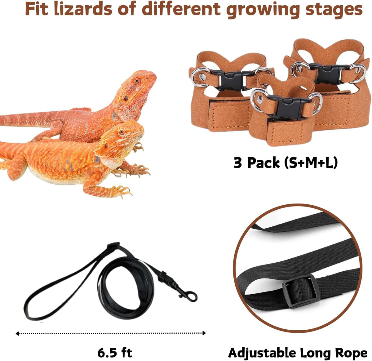 3 Pack Bearded Dragon Harness and Leash Set - Brown - image 3