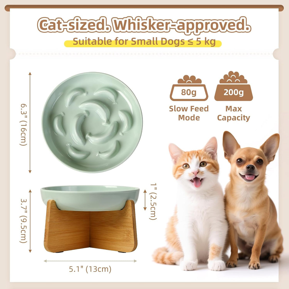 Melamine Slow Feeder Cat Bowls, Dishwasher Safe - Green + Bamboo Base / 7"H - image 2