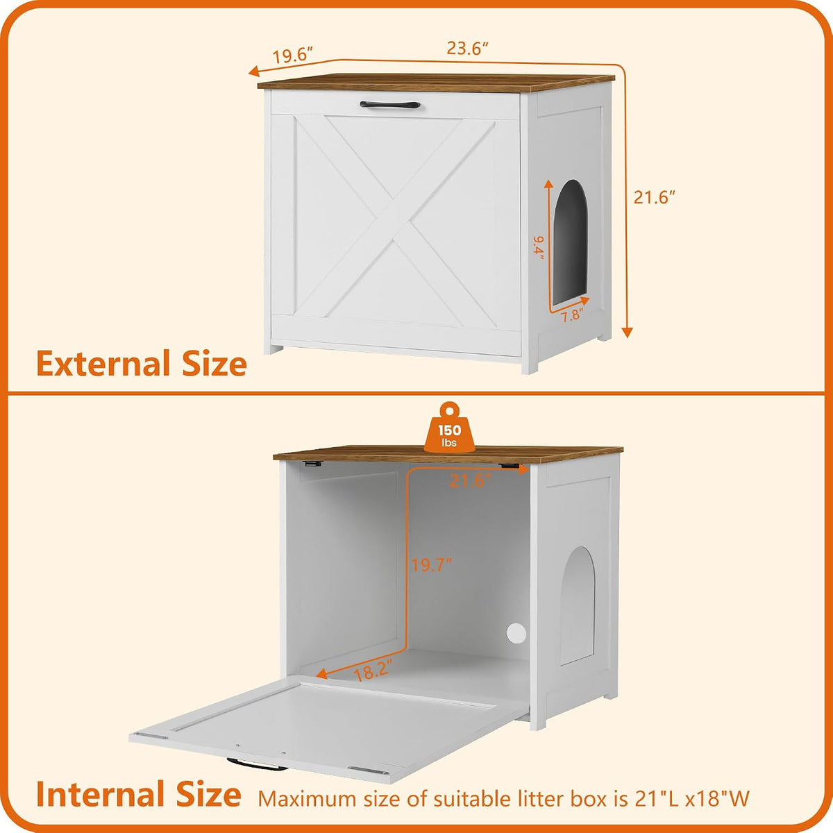 Cat Litter Box Enclosure, Hidden Litter Box Furniture - White+Warm Brown / 23.6"L x 19.7"W x 21.7"H - image 4