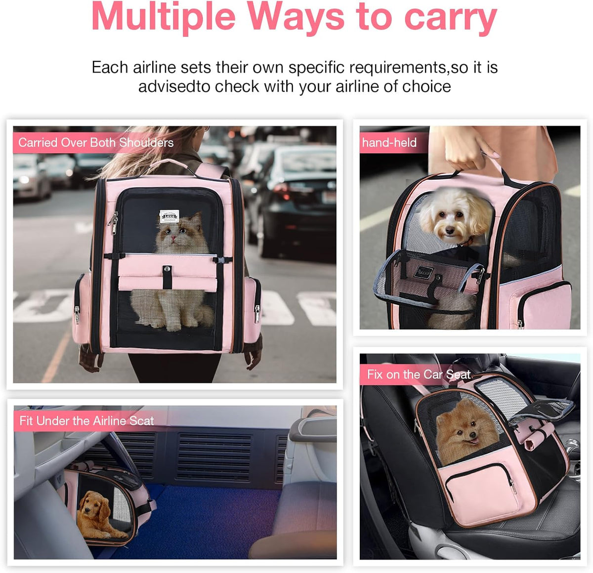 Cat Carrier Backpack, Expandable Pet Carrier with Sun Shade & Full Front Opening, Breathable Mesh - Pink / L-Mesh Window - image 4