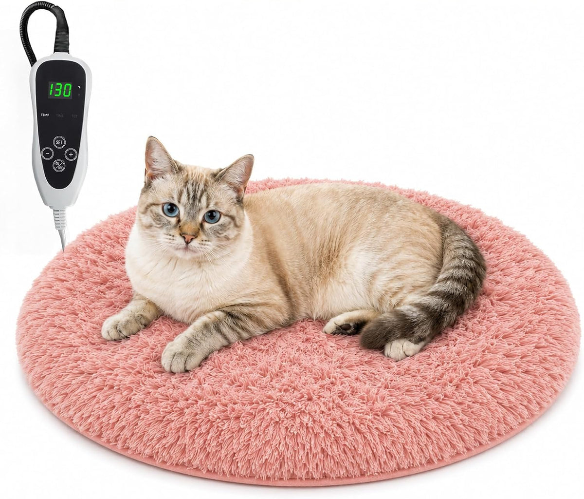 Pet Heating Pad for Cats with Normally Open Function - Pink Plush / Round-16.0"L x 16.0"W