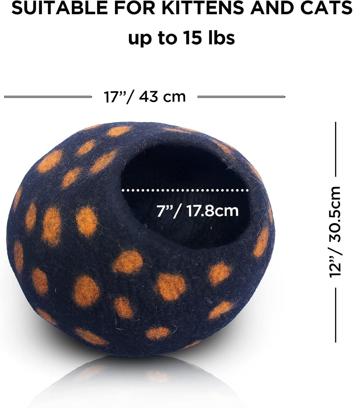Woolygon Felt Cat Cave Bed, Merino Wool, Handcrafted – Essentials for Cats - Black Polka - image 4