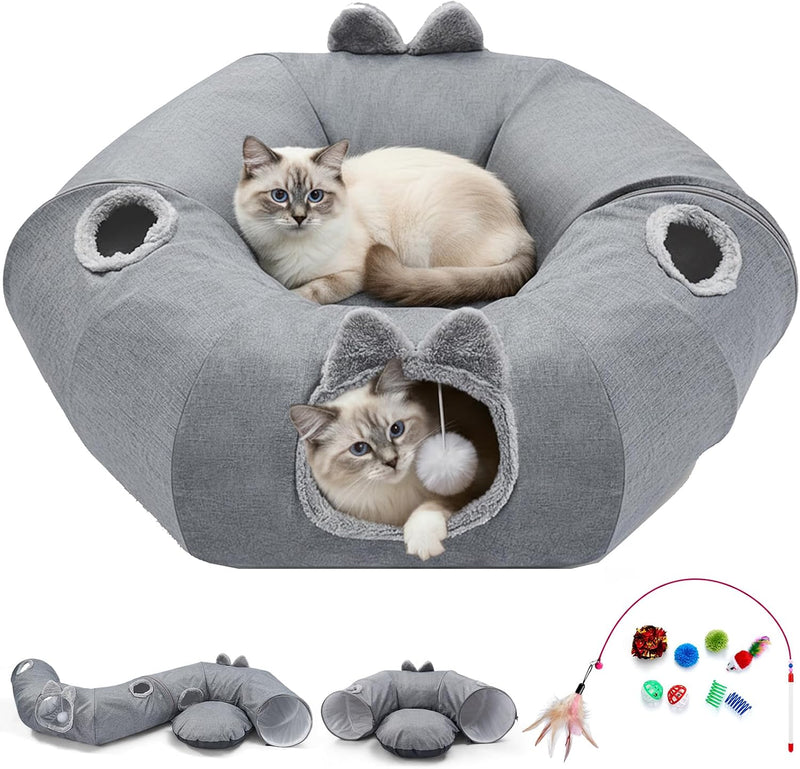 Large Cats Tunnels for Indoor Cats Fluffy Warm Cat Bed and Detachable - Linen Cool Gray