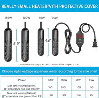 YukiHalu Small Aquarium Heater 25/50/100/150W with Protective Cover, Mini Fish Tank Heater, External Controller, Temperature Adjustable, Digital Display, Used for 5/10/20/30 Gallons (100W-20Gallon)