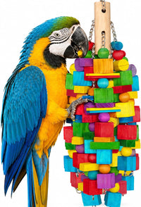 Large Bird Toy, 20 in XL Parrot Toys Natural Wood Blocks Bird Chew Toy for Foraging, Stainless