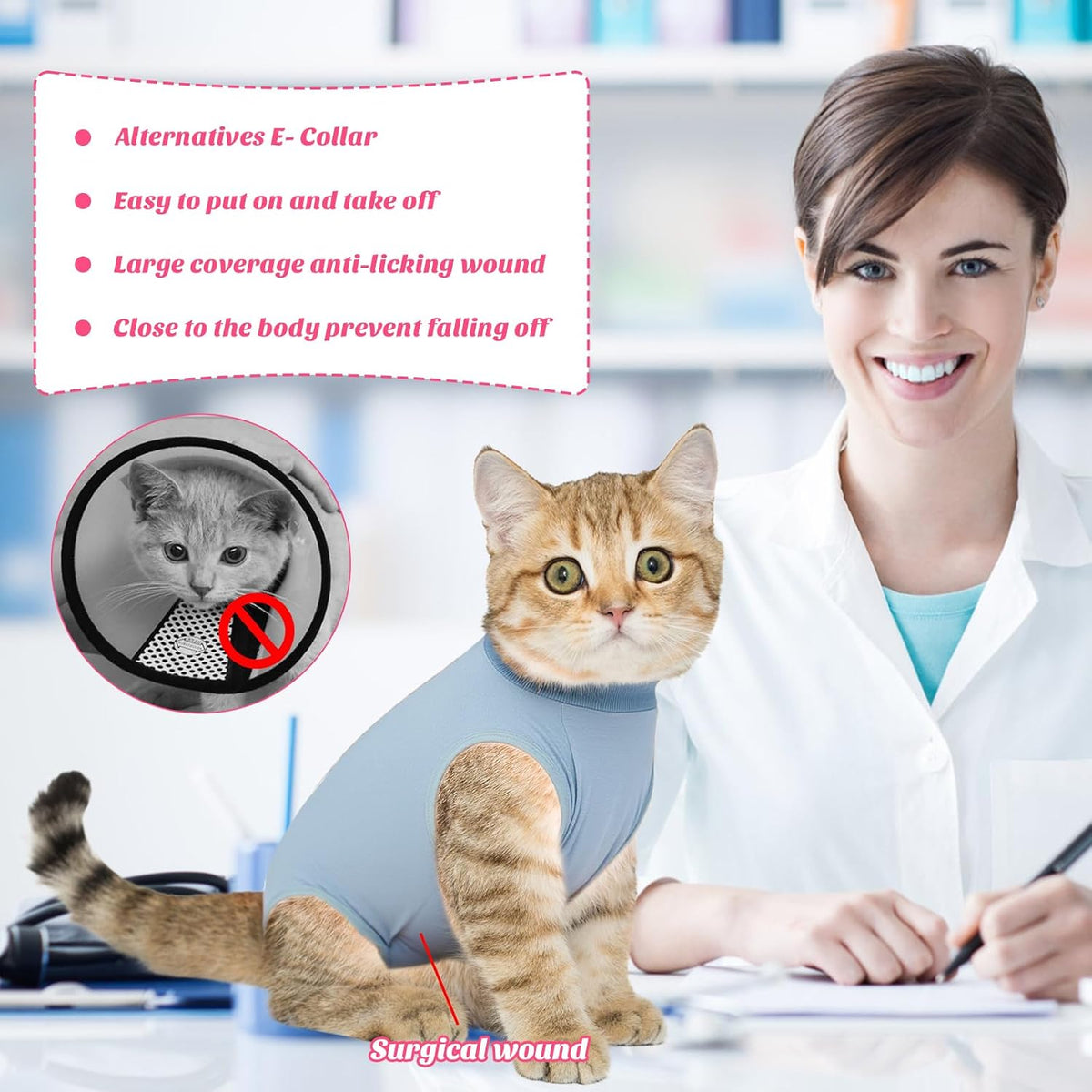Cat Recovery Suit for Abdominal Wounds Cat Onesie After Surgery Female – Essentials for Cats - Blue-Grey / Large - image 2