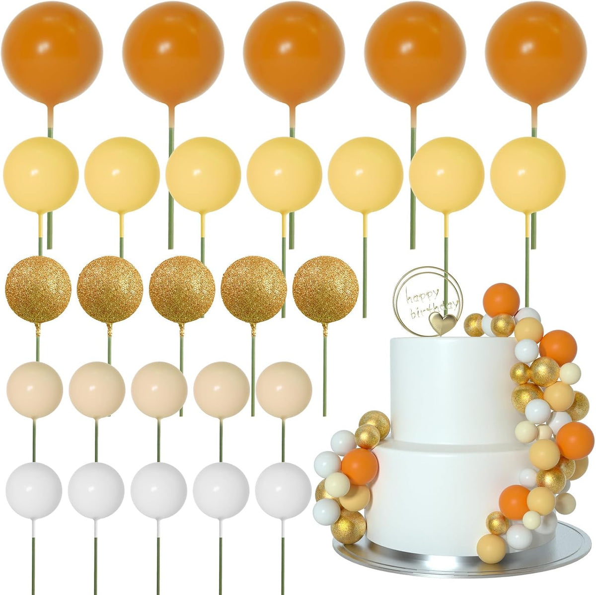 ASTARON 50 Pcs Ball Cake Topper Sticks Mini Balloons for Cake - Orange Yellow Series