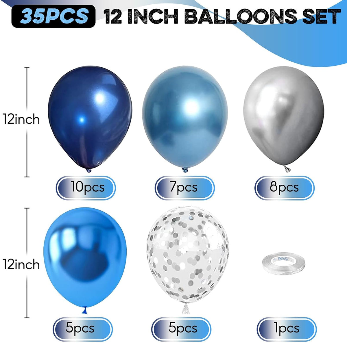 Blue Silver Balloon 12Inch Dark Metallic Blue Silver Confetti Latex - Blue Silver - image 2