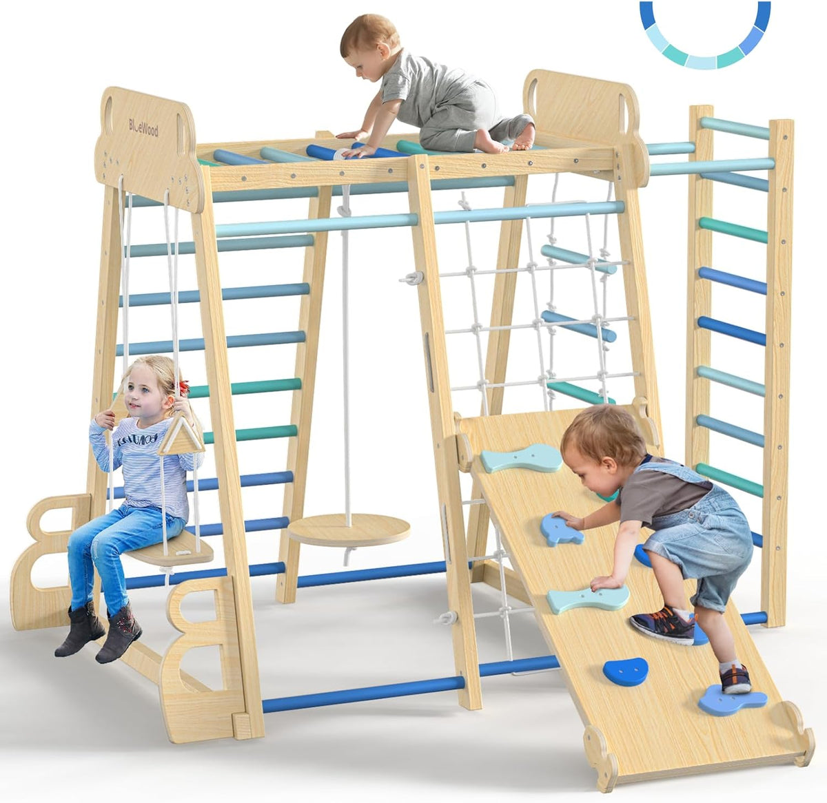 BlueWood Upgraded Indoor Jungle Gym 9-in-1 Playground Kids Climbing - Blue / 9-in-1
