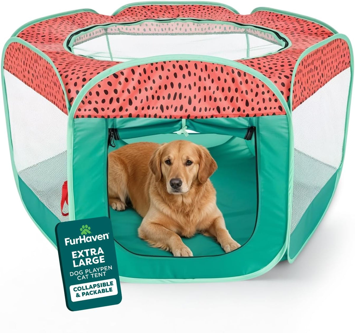 FurHaven Soft-Sided Dog & Cat Playpen - Green & Pink / Extra Large