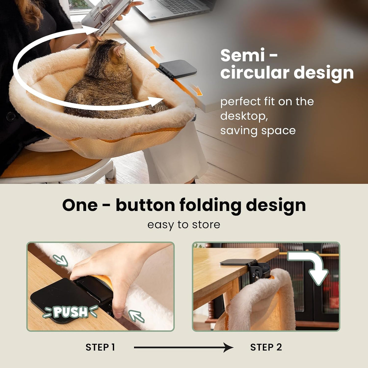Cat Desk Bed, One-Click Folding - Cream / Faux Rabbit Fur - image 4