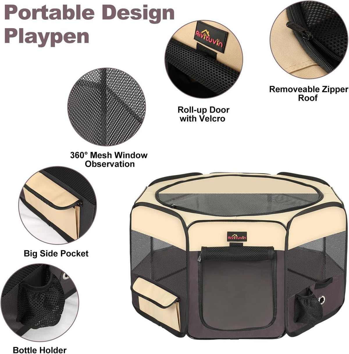 Aivituvin Dog Playpen, Foldable Pet Play Pens with Carrying Bag for Cat, Puppies, Rabbits, Portable - S / Brown - image 2
