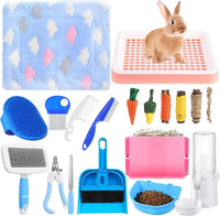 19 Pcs Rabbit Starter Kit Small Bunny Litter Box Rabbit Grooming Kit Water Bottle Bunny Toys Hay Feeder Bowl Blankets with Cleaning Set for Guinea Pig Accessories (Pink-White,Strawberry Bear)