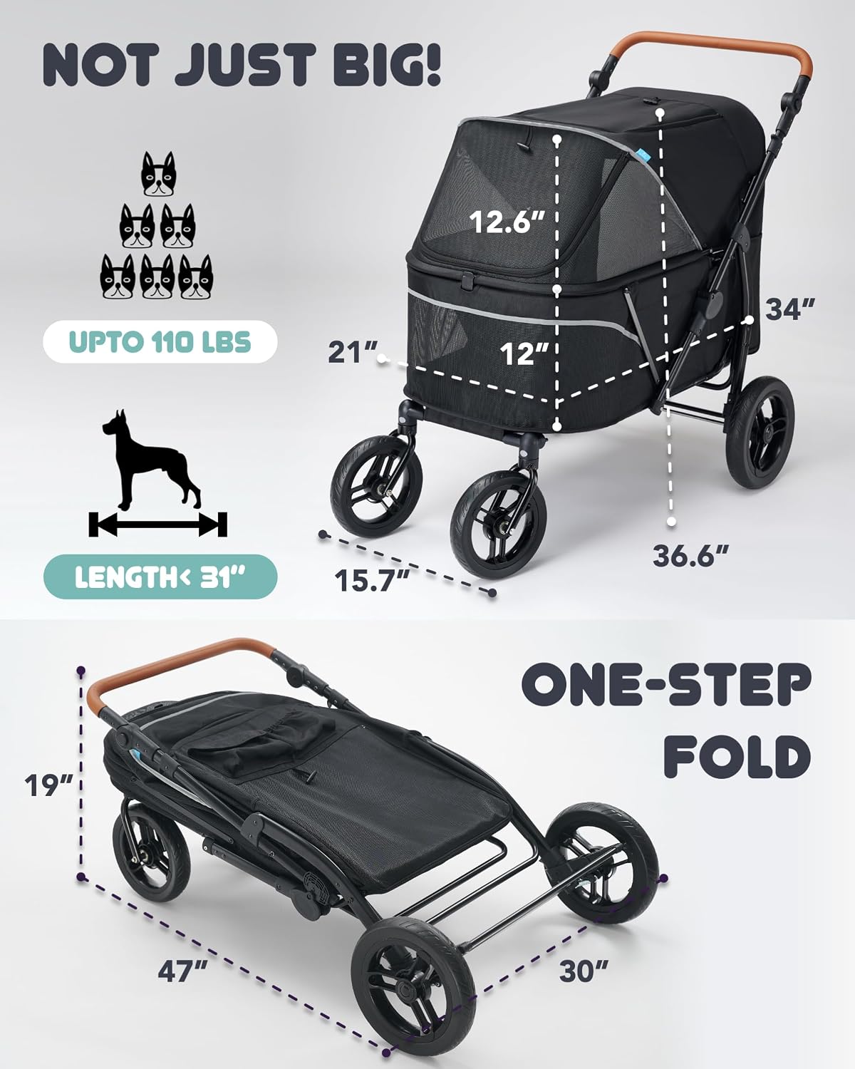 Zoosky Large Dog Stroller for 3 Dogs, up to 110lbs（33‘’Lx20‘’W） – Essentials for Dogs - image 3
