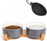 Ceramic Cat Dog Bowl Set with Stand - Grey White / 850ML*2