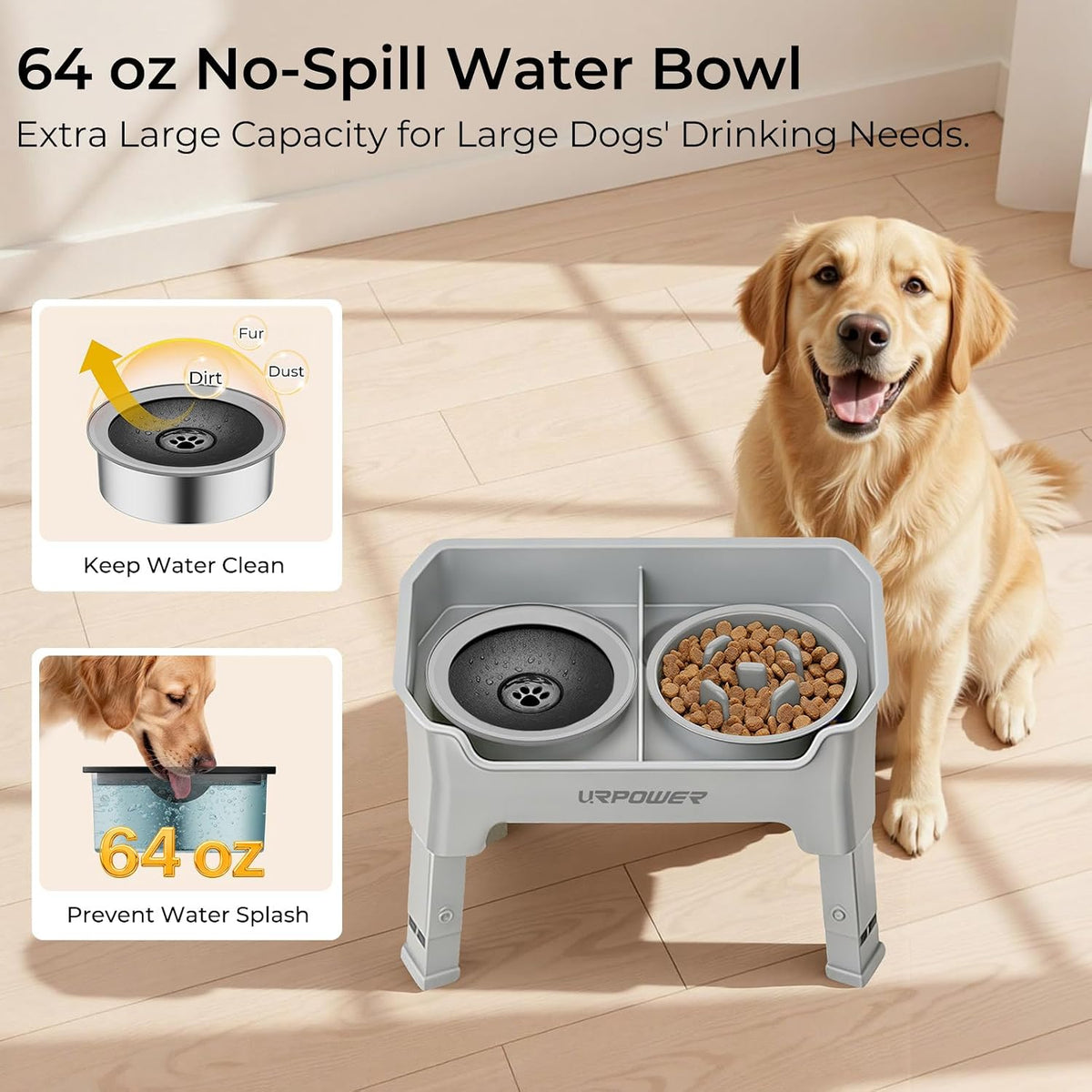 URPOWER Mess Proof Elevated Dog Bowls 4 Height Adjustable Raised Stand – Essentials for Dogs - Light Grey / Large - image 2