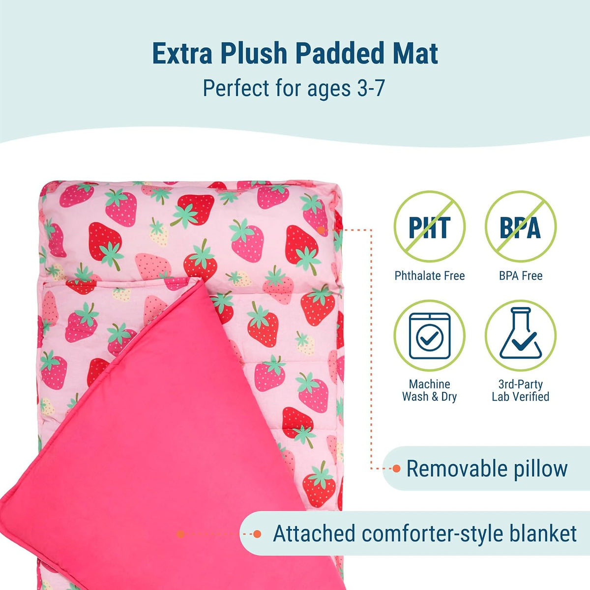 Wildkin Kids Original Nap Mat, Cozy Kids Sleep Mat with Pillow - Strawberry - image 3