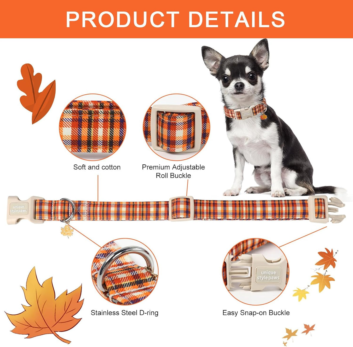 Dog Collar With Metal Buckle, Red Rose Flower Gift for Small - Colorful Orange Grid / L - image 2