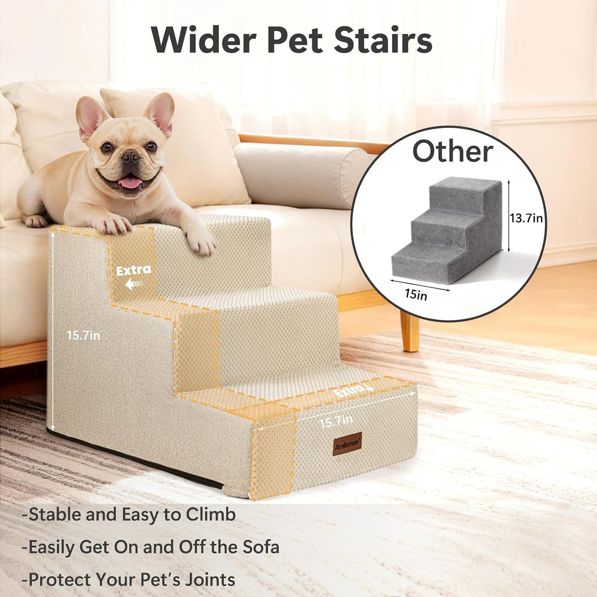 Dog Steps for High Bed, 5-Step Pet Stairs for Small Dogs and Cats – Essentials for Cats - Beige / 3 - image 2