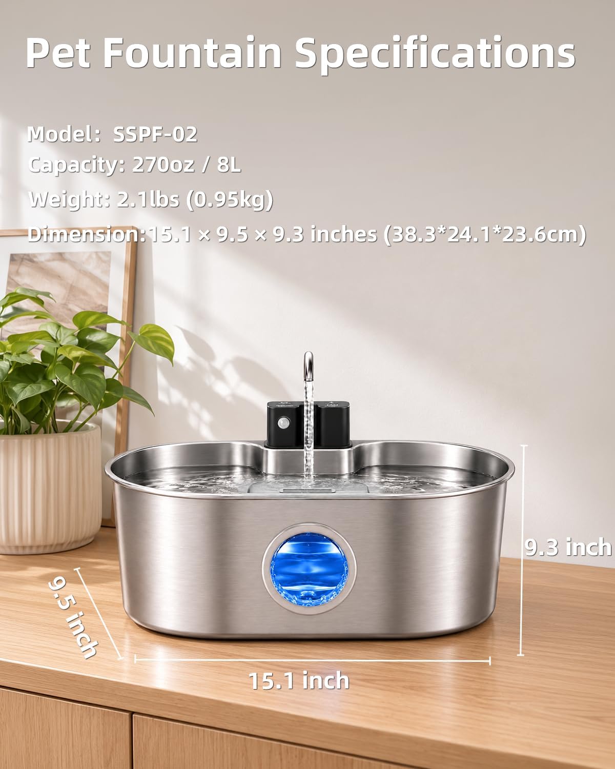 8L/270oz/2Gallon Stainless Steel Dog Water Fountain Pet Fountain – Essentials for Dogs - Cordless Fountain - image 3