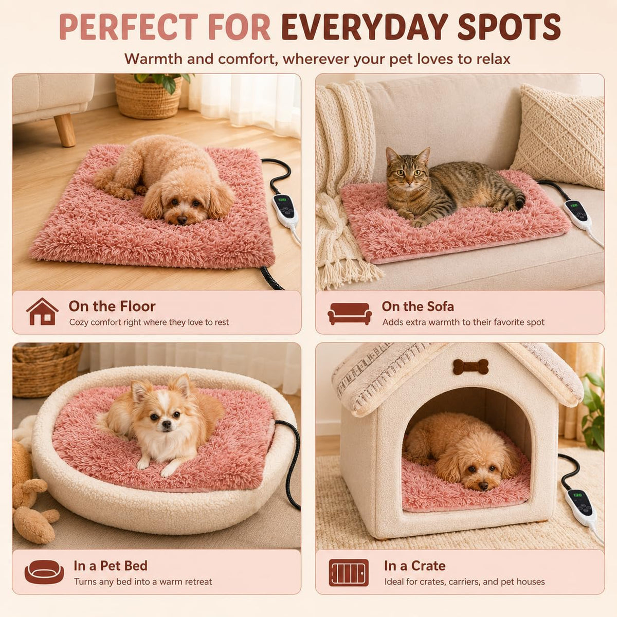 Pet Heating Pad for Cats with Normally Open Function - Pink Plush / 28.0"L x 18.0"W - image 3