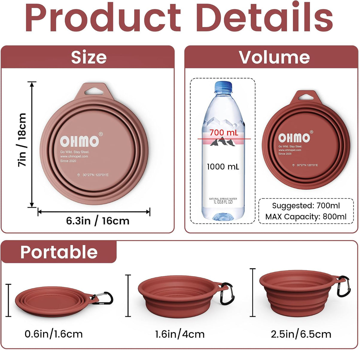 OHMO Collapsible Dog Bowls for Pet Travel, Coral&Brick Red - Steel 2x27oz / Erythrinus&Coral - image 2