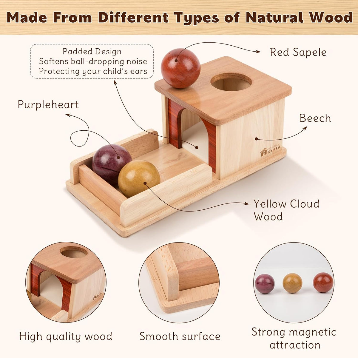 Adena Montessori Object Permanence Box with Tray Three Balls - Natural Wood - image 4