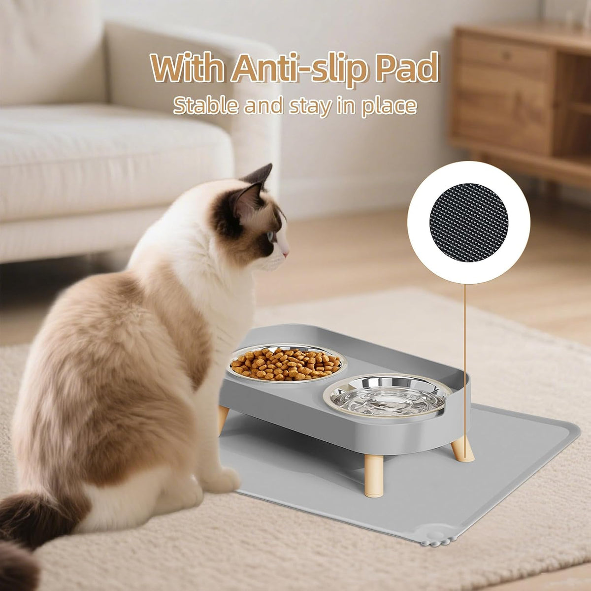 Elevated Cat Bowl, Raised Cat Food and Water Bowl Set for Indoor Cats, Splash Proof with 2 - Cat Bowls with mat - grey - image 4