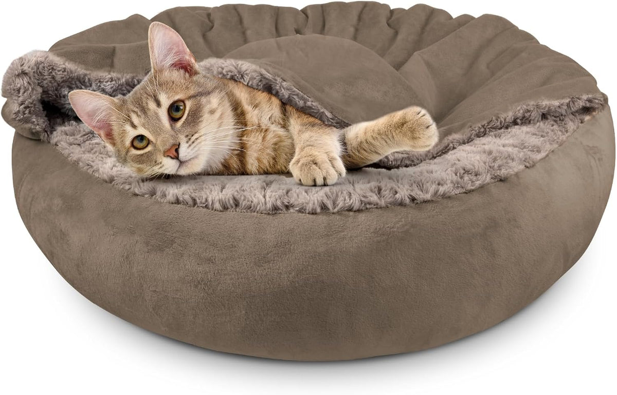 JOEJOY Small Dog Bed Cat Bed with Hooded Blanket - S(23" x 23" x 7") / Dark Brown