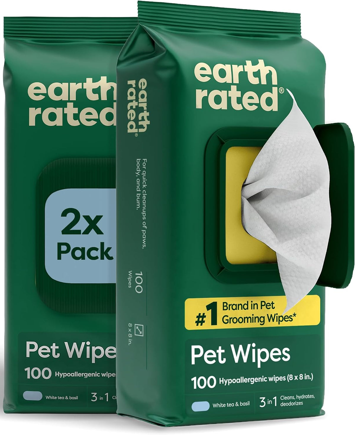 Earth Rated Dog Wipes for Paws & Butt, Deodorizing - White Tea Basil / 200 Grooming Wipes