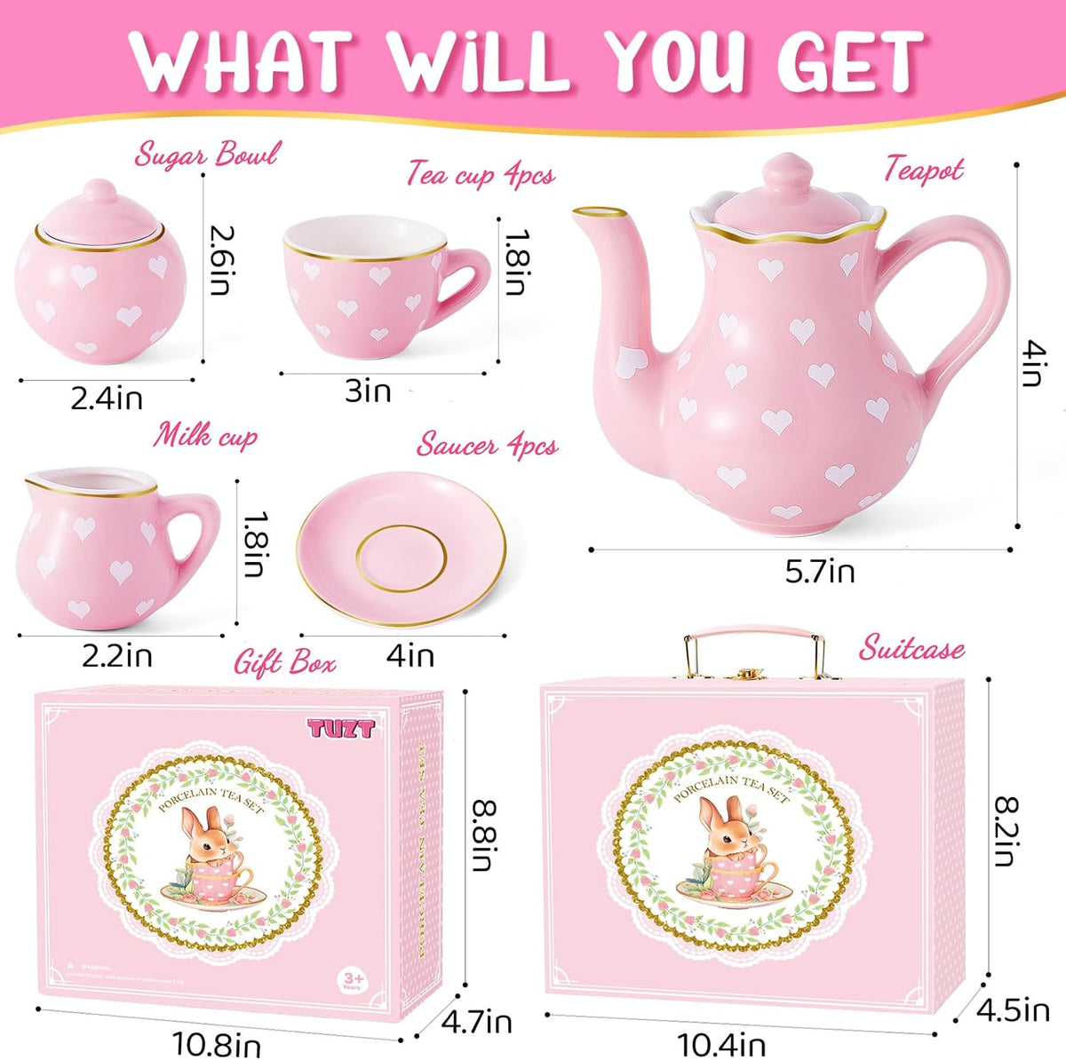 TUZT Tea Party Set for Little Girls Ages 3-8 - Pink Heart - image 2