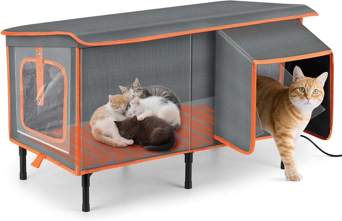 Heated Cat House for Outside in Winter - Grey / L (25.7''x13.5''x18'')
