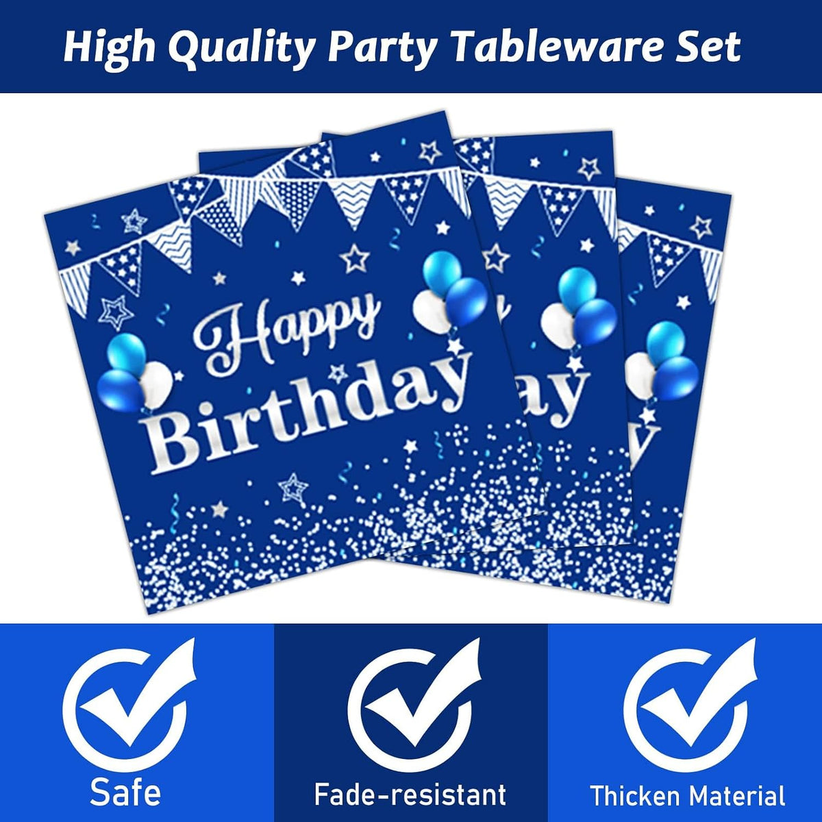Tevxj navy blue and silver happy birthday tableware set with plates, napkins and forks for 24 - view 39