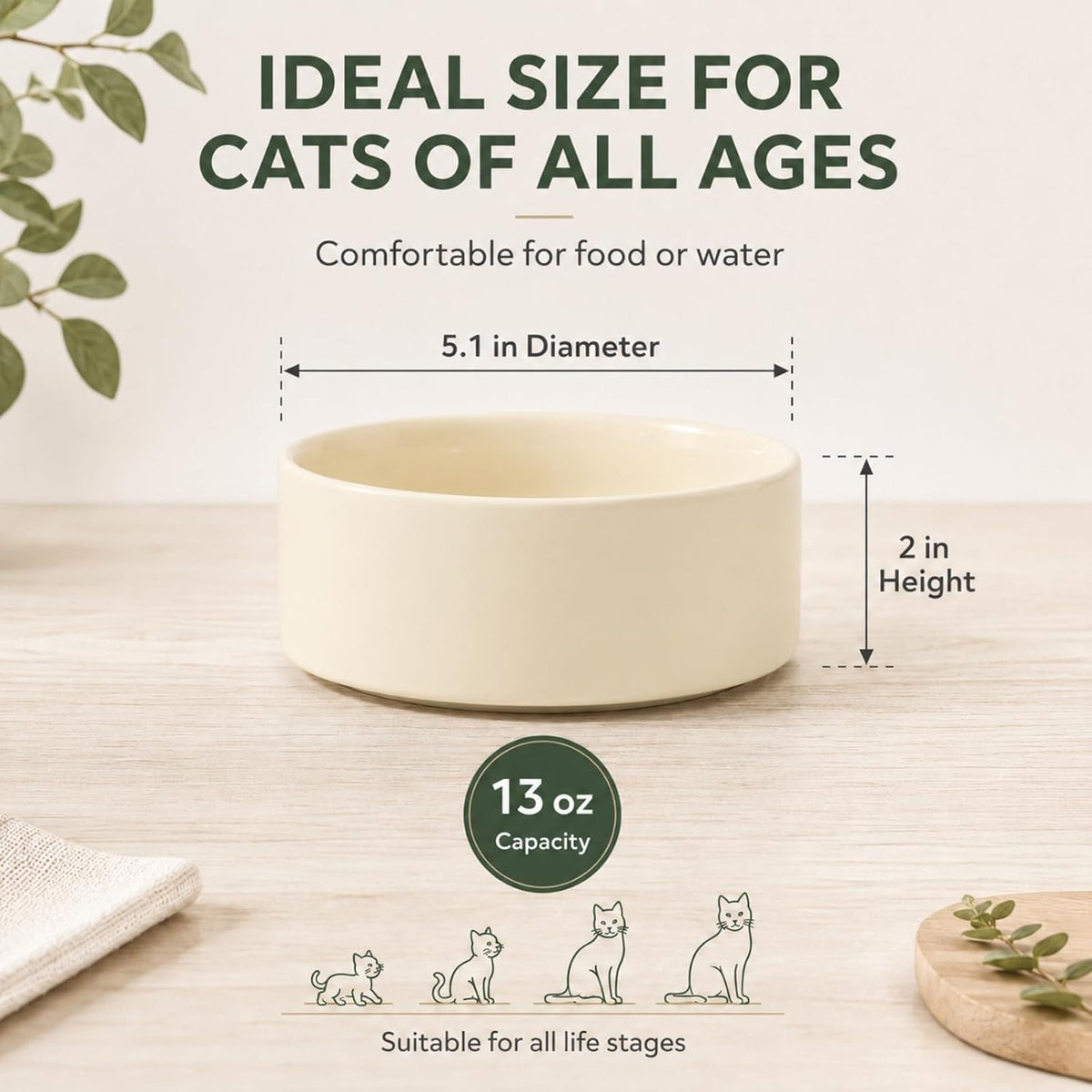 Cat Bowls Set of Two, 5.1” Ceramic Cat Food Bowls - Light Yellow / 2 Bowls - 5.1" - image 2