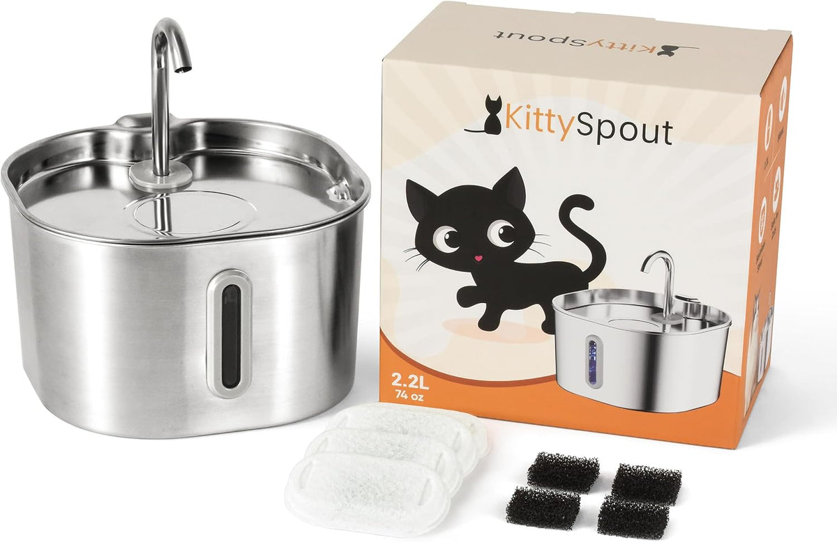 KittySpout 4L stainless steel cat water fountain with water level window