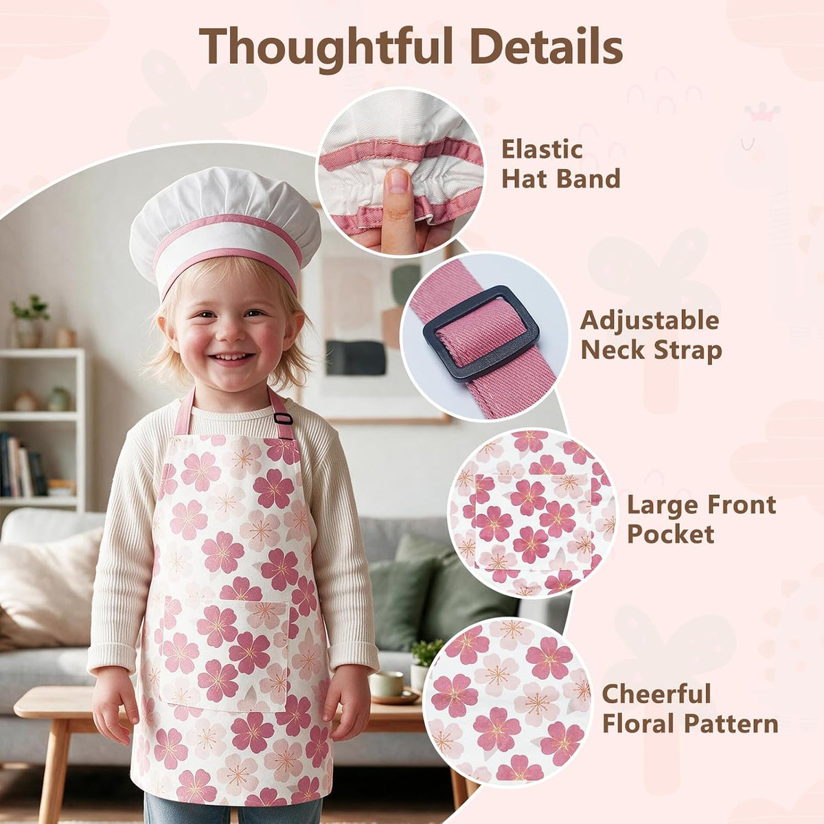 Kids Apron for Boys and Girls Aged 3-6 100% Cotton Blue WQHM – Fun for Kids & Family - Pink Apron & Hat - image 4
