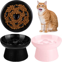 Tioncy 2 Pcs Ceramic Elevated Slow Feeder Cat Bowl - Black, Pink / 2