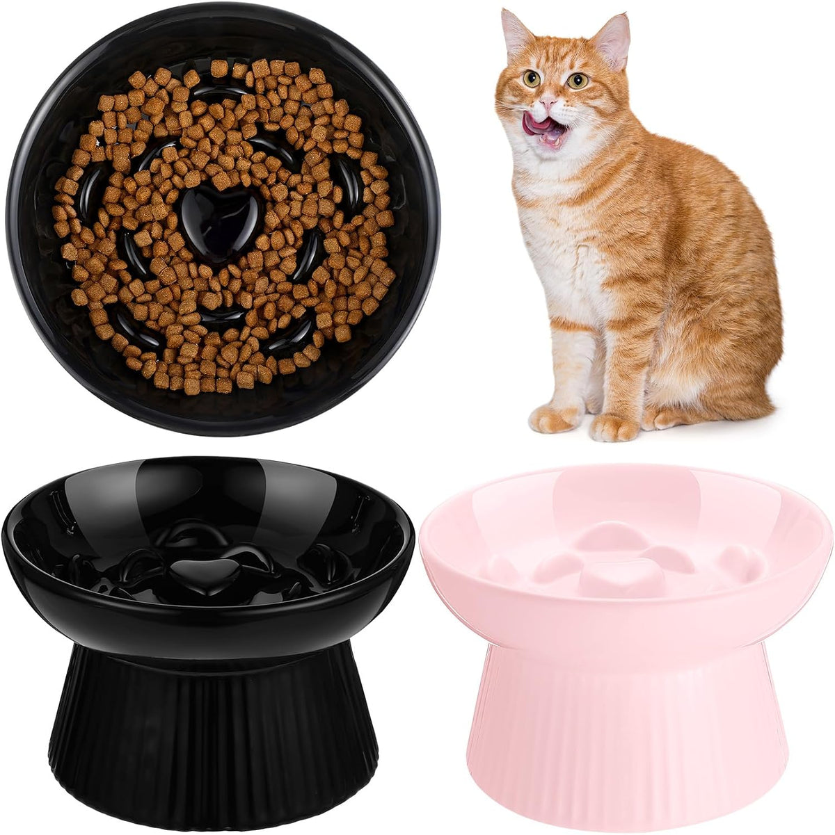 Tioncy 2 Pcs Ceramic Elevated Slow Feeder Cat Bowl - Black, Pink / 2