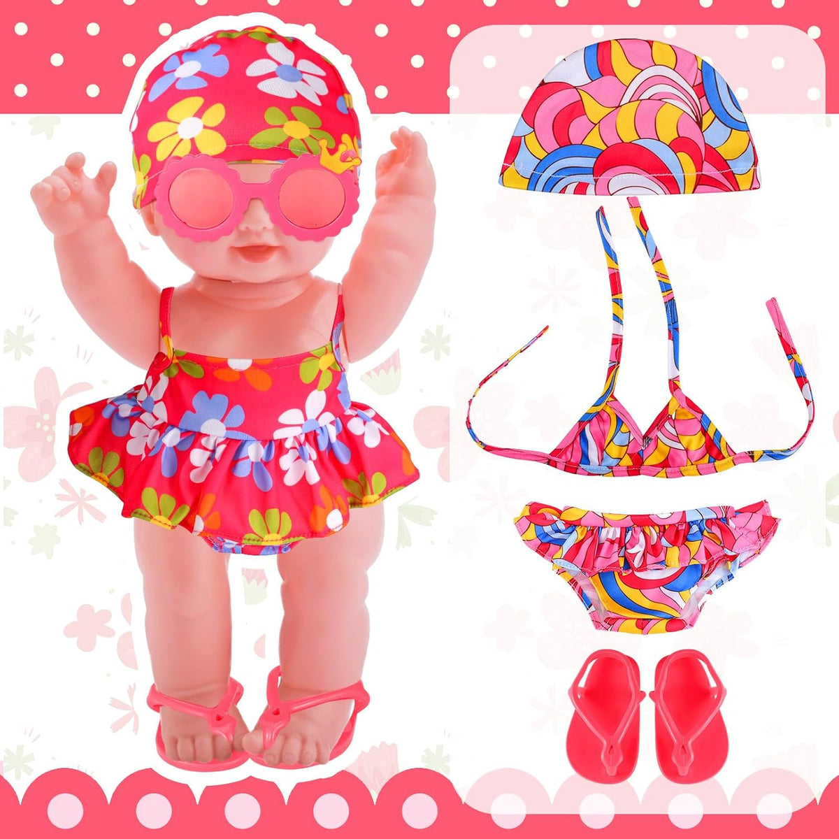 Kajaia 8 Pcs 18 Inch Doll Swimsuits Clothes and Accessories – Fun for Kids & Family - Bright Pink / Lovely - image 3