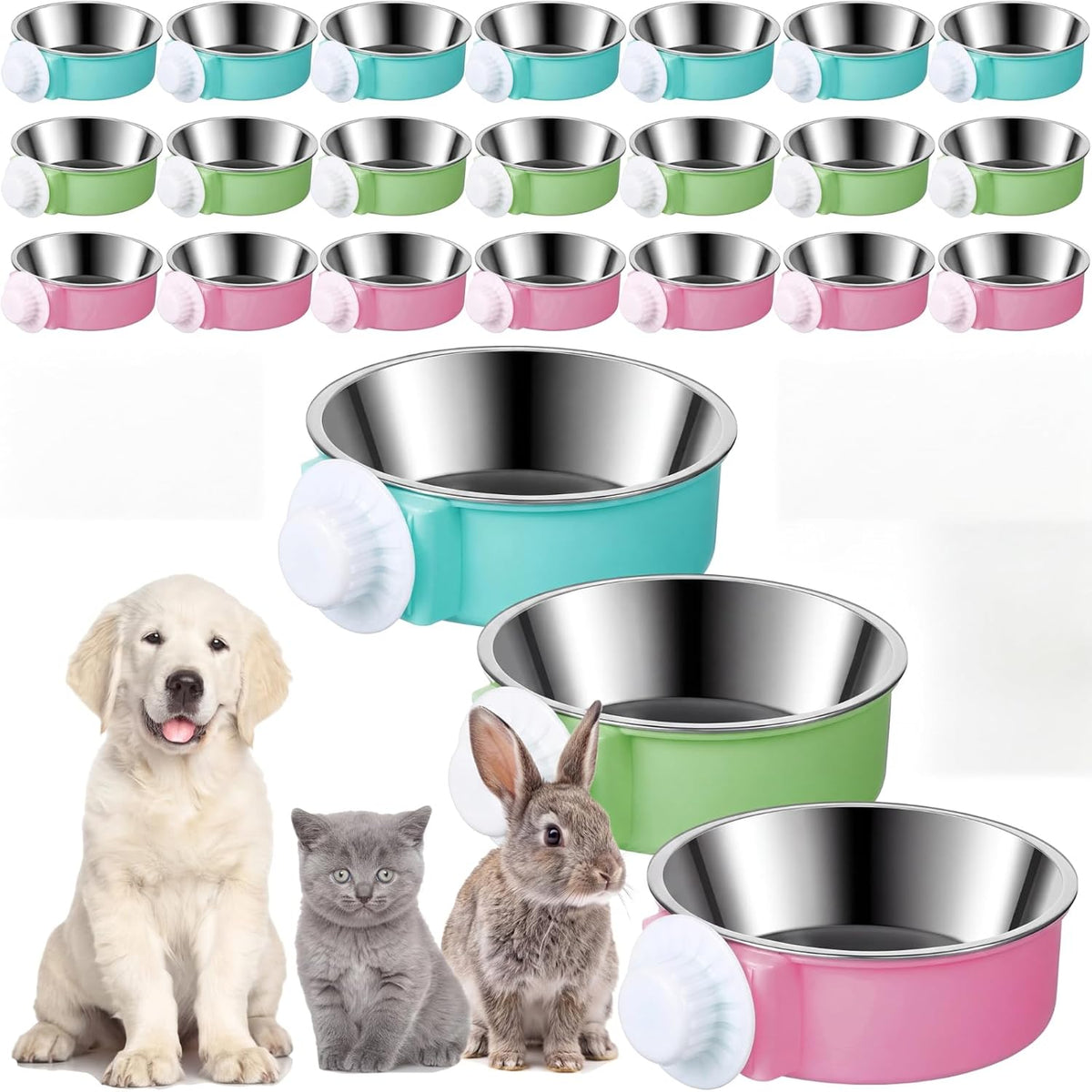 24 Pcs Crate Bowls for Dog Rabbit Ferret, Hanging Feeders - Bright / 12